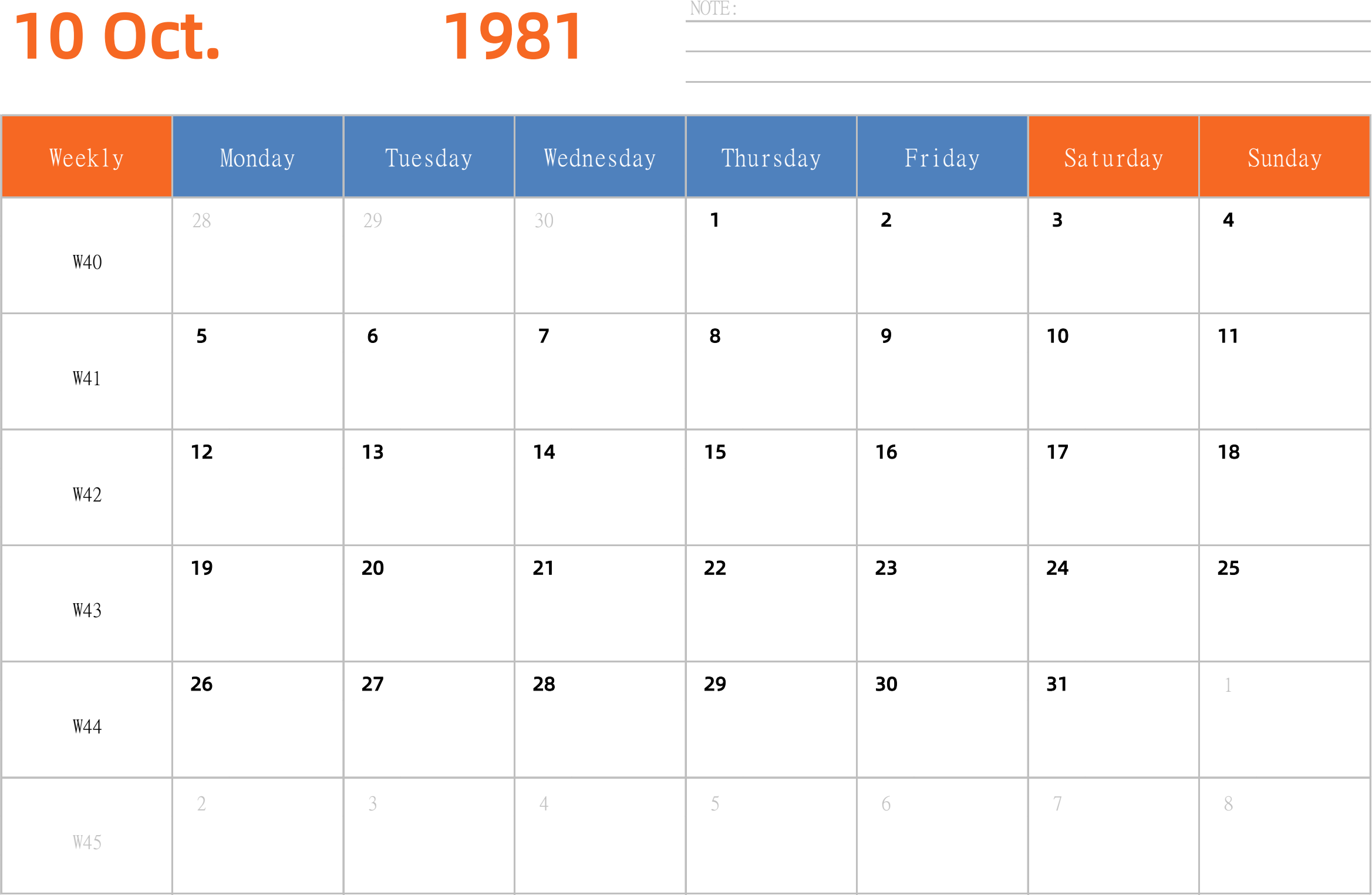 日历表1981年日历 英文版 横向排版 周一开始 带周数